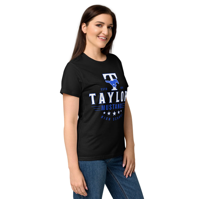 Side view of Taylor High School Mustangs Women's Black SoftStyle T-shirt 217