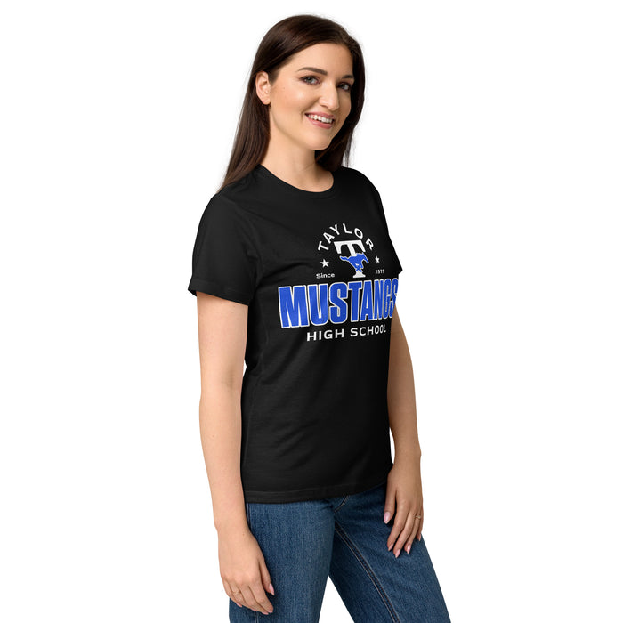 Side view of Taylor High School Mustangs Women's Black SoftStyle T-shirt 222