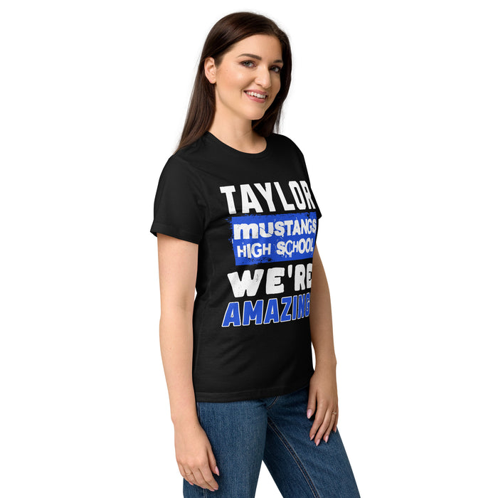 Side view of Taylor High School Mustangs Women's Black SoftStyle T-shirt 231
