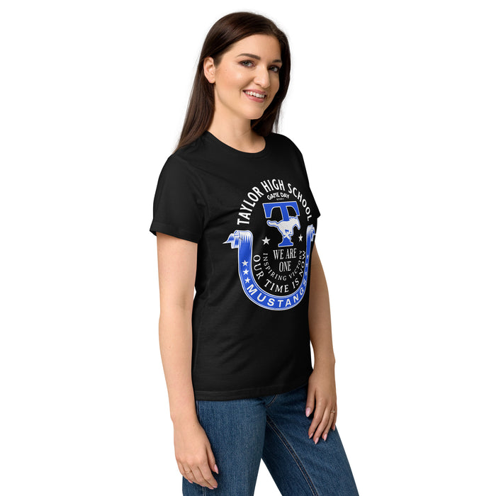 Side view of Taylor High School Mustangs Women's Black SoftStyle T-shirt 229