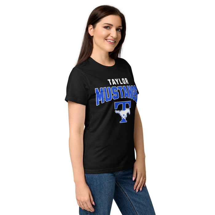 Side view of Taylor High School Mustangs Women's Black SoftStyle T-shirt 234