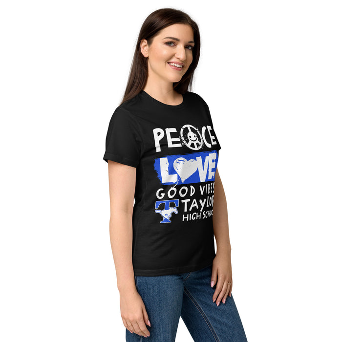 Side view of Taylor High School Mustangs Women's Black SoftStyle T-shirt 240