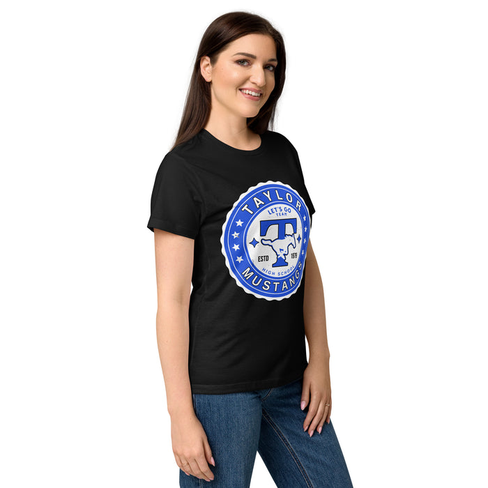 Side view of Taylor High School Mustangs Women's Black SoftStyle T-shirt 216