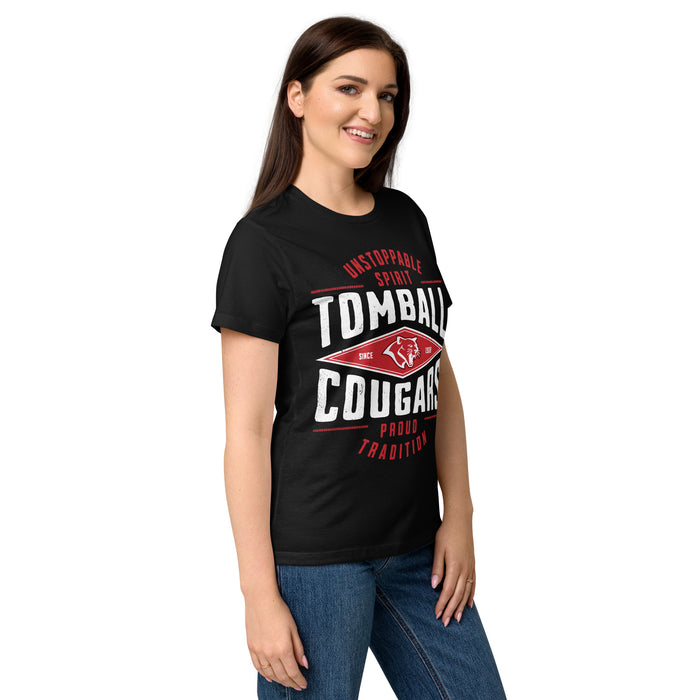 Side view of Tomball High School Cougars Women's Black SoftStyle T-shirt 210