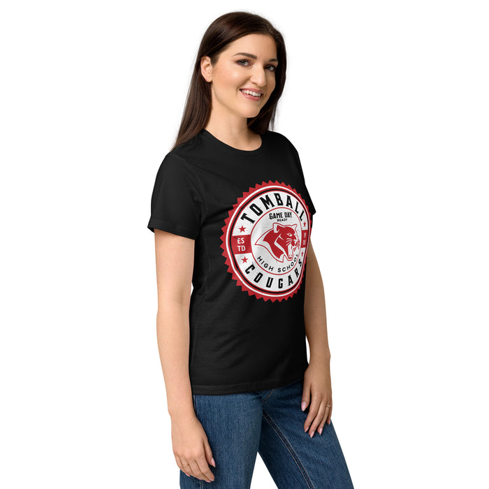 Side view of Tomball High School Cougars Women's Black SoftStyle T-shirt 203