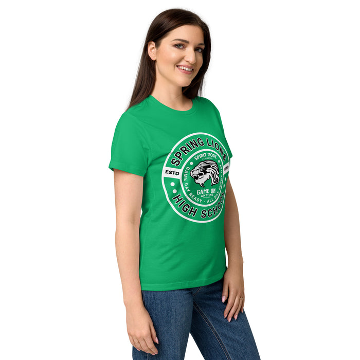 Side view of Spring High School Lions Women's Irish Green SoftStyle T-shirt 239