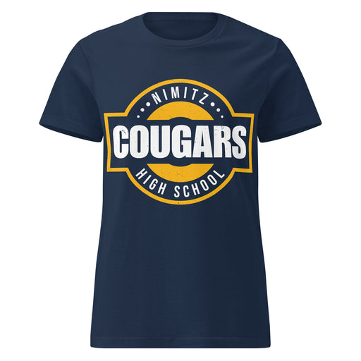 Lady wearing Nimitz High School Cougars Women's Navy Blue SoftStyle T-shirt 011