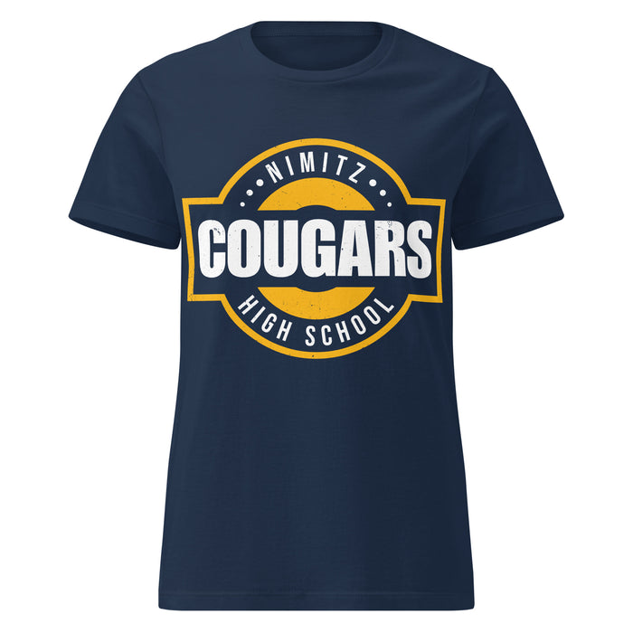 Lady wearing Nimitz High School Cougars Women's Navy Blue SoftStyle T-shirt 011