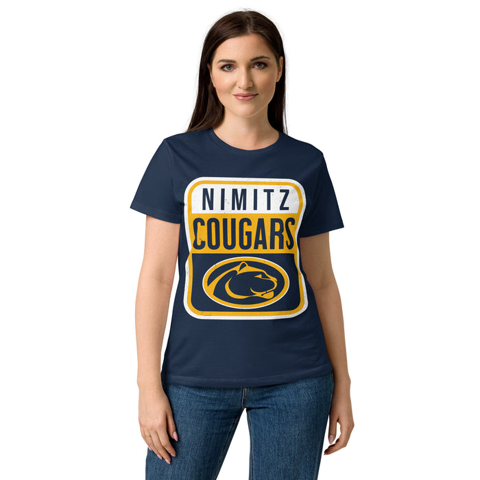 Student wearing Nimitz High School Cougars Women's Navy Blue SoftStyle T-shirt 001