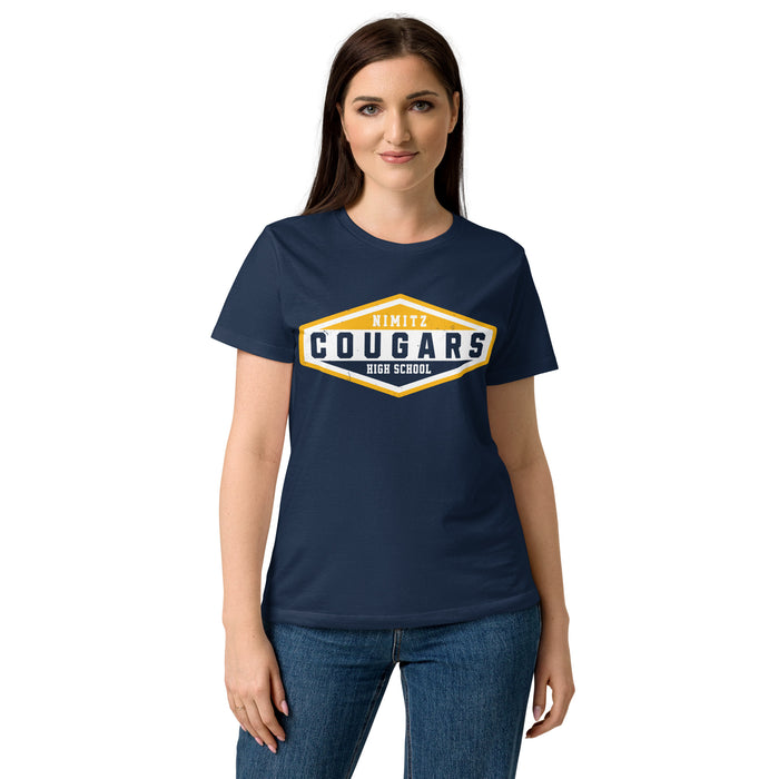 Student wearing Nimitz High School Cougars Women's Navy Blue SoftStyle T-shirt 009