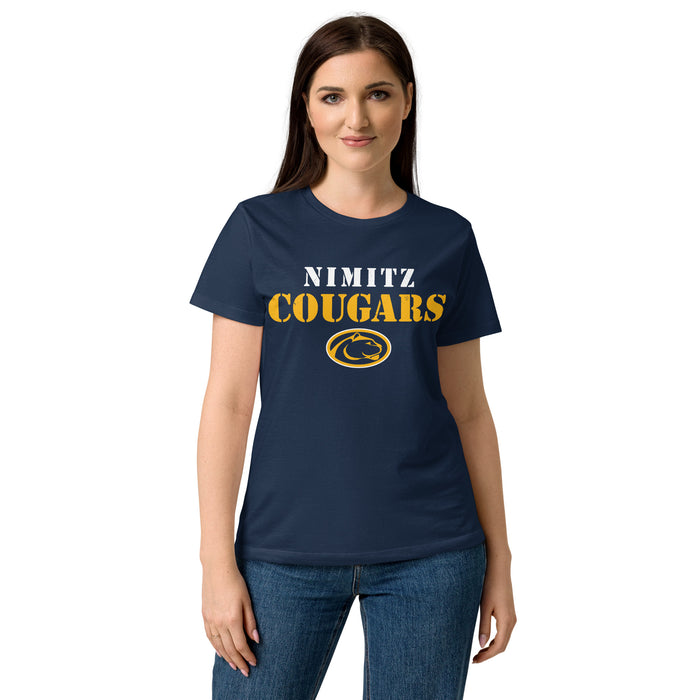 Woman wearing Nimitz High School Cougars Women's Navy Blue SoftStyle T-shirt 017