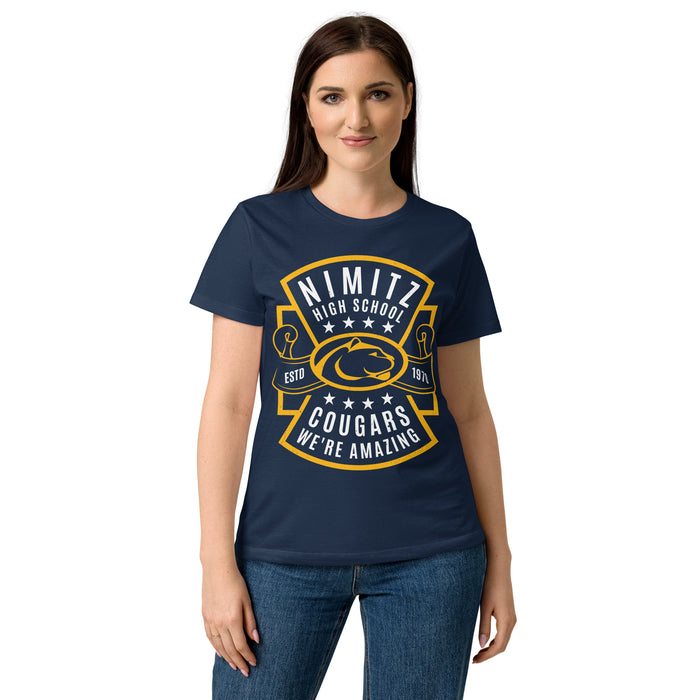 Lady wearing Nimitz High School Cougars Women's Navy Blue SoftStyle T-shirt 207