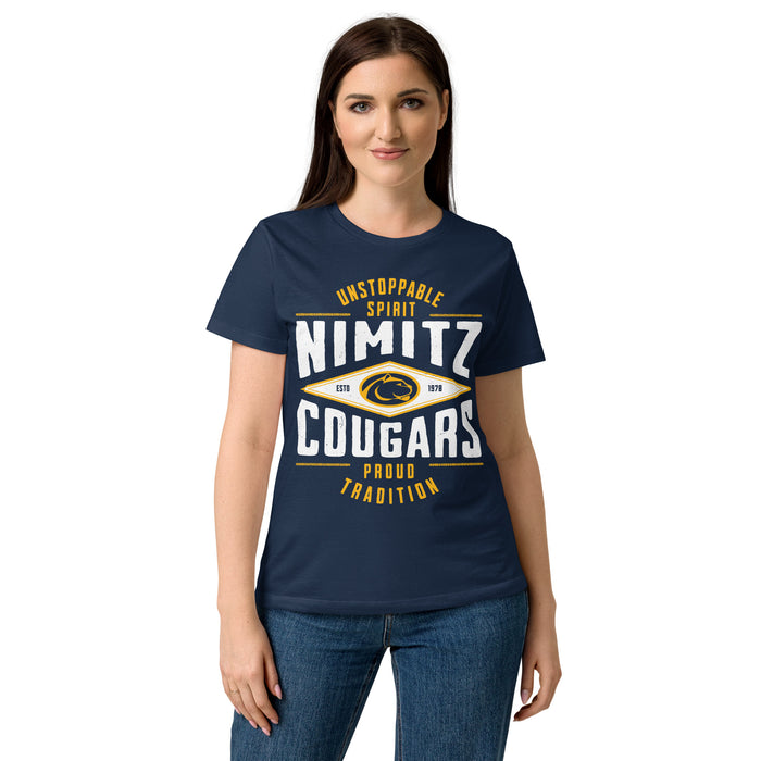 Front view of Nimitz High School Cougars Women's Navy Blue SoftStyle T-shirt 210