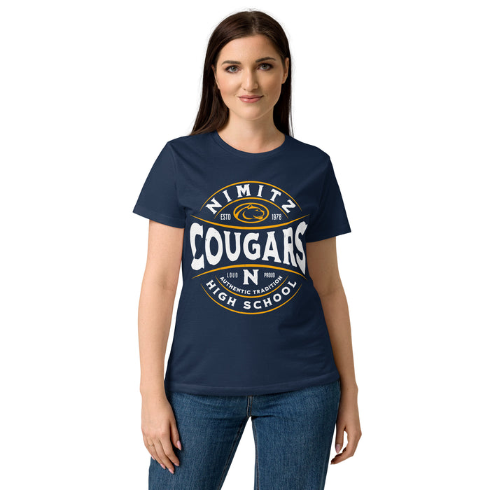 Lady wearing Nimitz High School Cougars Women's Navy Blue SoftStyle T-shirt 218
