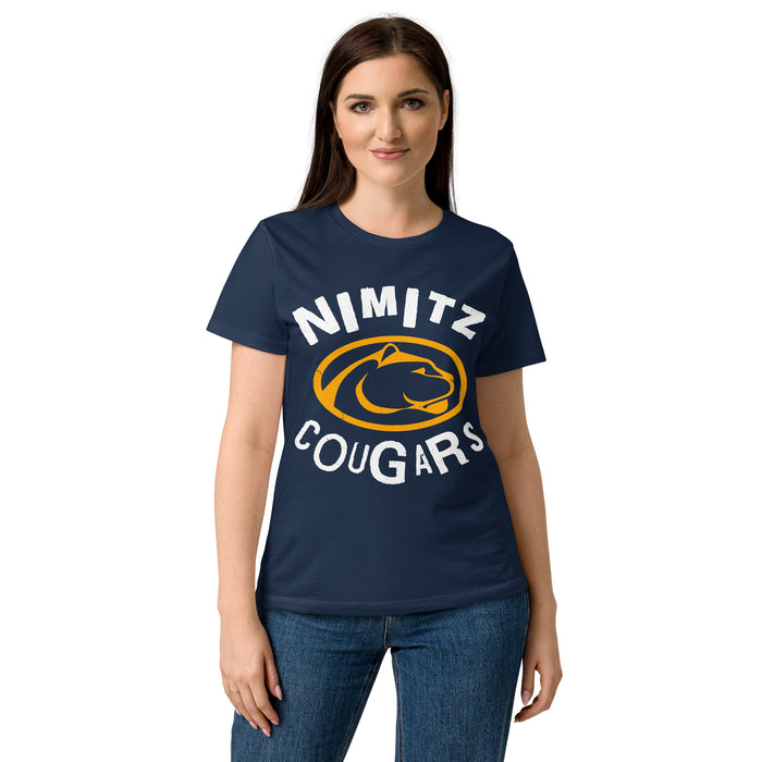 Student wearing Nimitz High School Cougars Women's Navy Blue SoftStyle T-shirt 228