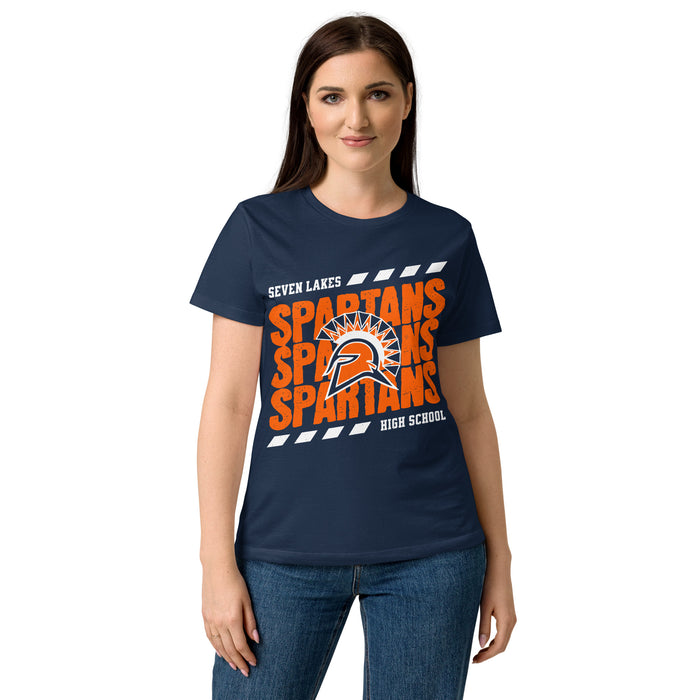 Lady wearing Seven Lakes High School Spartans Women's Navy Blue SoftStyle T-shirt 223