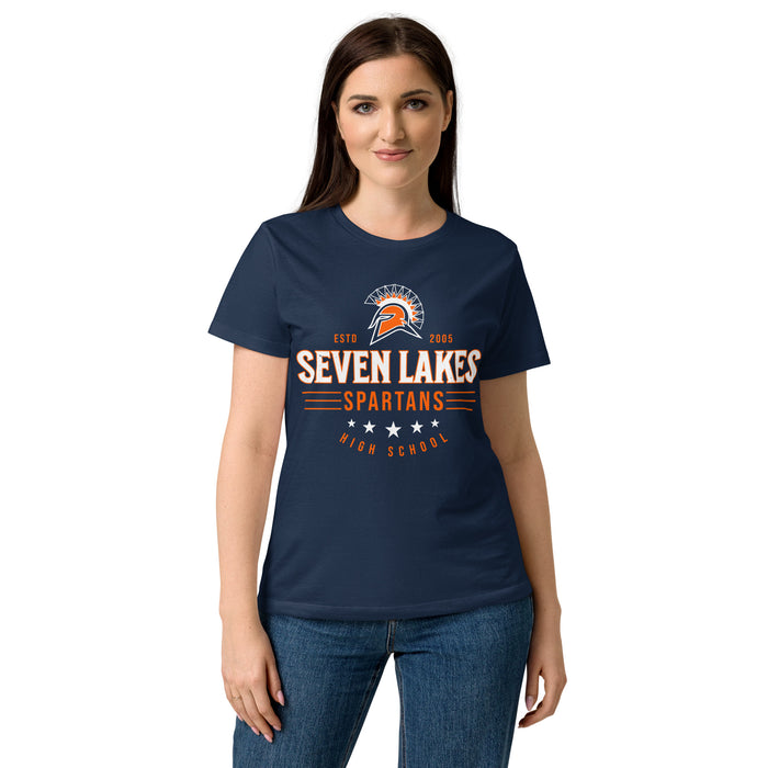 Woman wearing Seven Lakes High School Spartans Women's Navy Blue SoftStyle T-shirt 217
