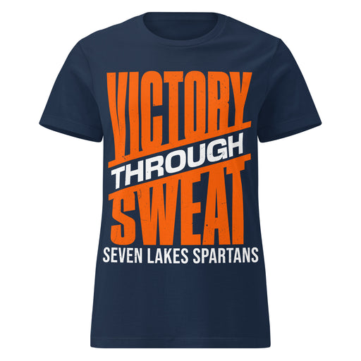 Close-up view of Seven Lakes High School Spartans Women's Navy Blue SoftStyle T-shirt 241