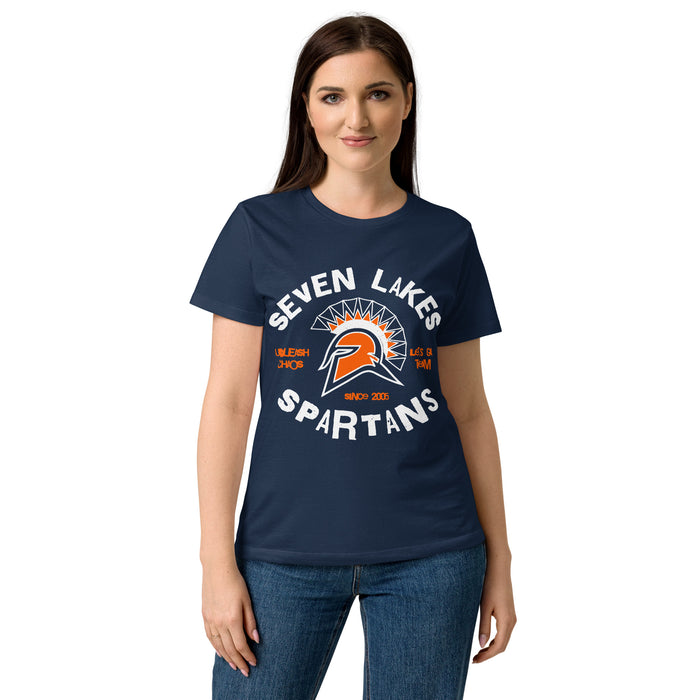Young lady wearing Seven Lakes High School Spartans Women's Navy Blue SoftStyle T-shirt 228