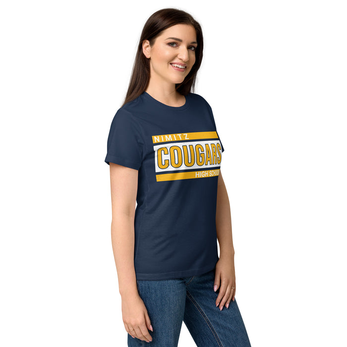 Side view of Nimitz High School Cougars Women's Navy Blue SoftStyle T-shirt 098