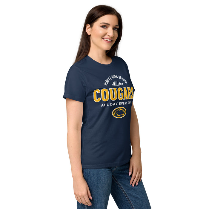 Side view of Nimitz High School Cougars Women's Navy Blue SoftStyle T-shirt 040
