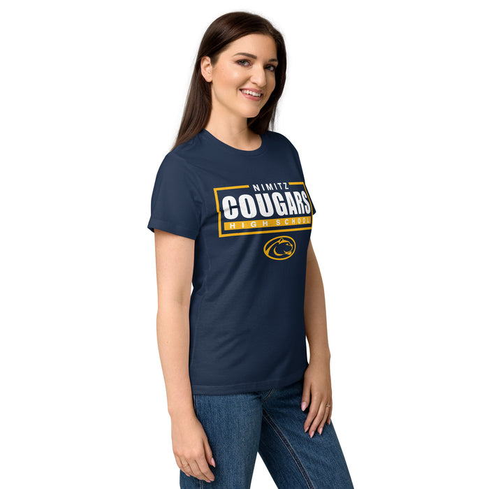Side view of Nimitz High School Cougars Women's Navy Blue SoftStyle T-shirt 049