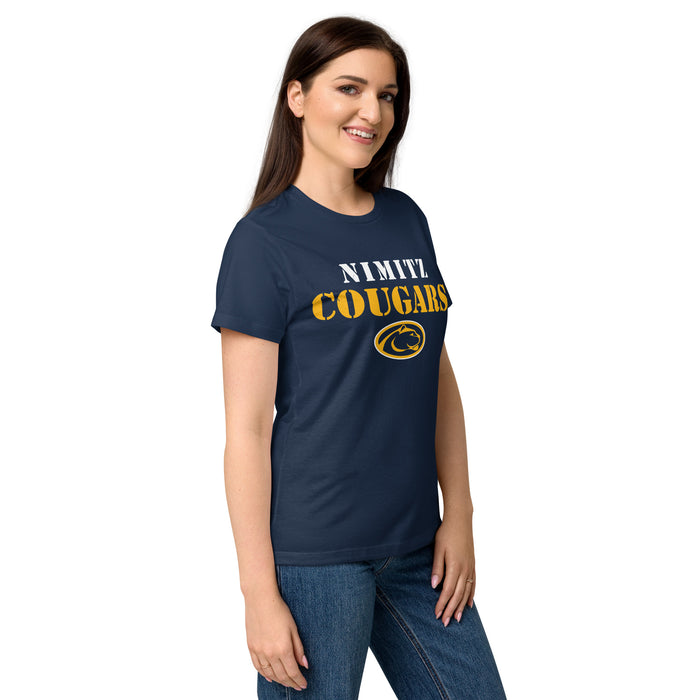 Side view of Nimitz High School Cougars Women's Navy Blue SoftStyle T-shirt 017