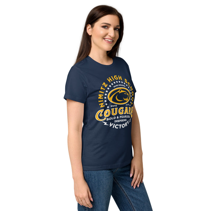 Side view of Nimitz High School Cougars Women's Navy Blue SoftStyle T-shirt 206