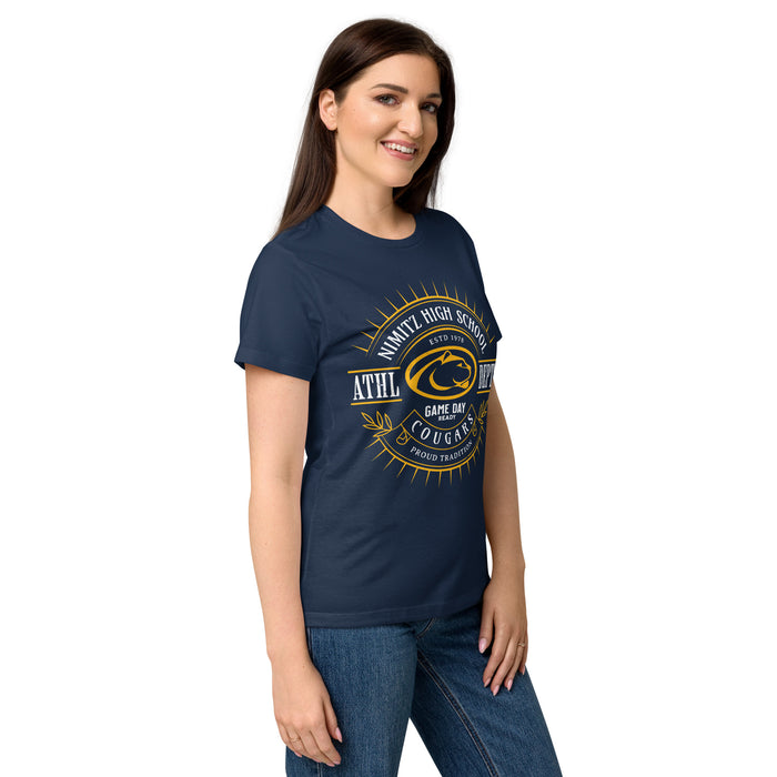 Side view of Nimitz High School Cougars Women's Navy Blue SoftStyle T-shirt 201