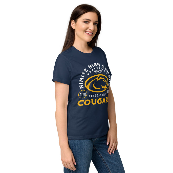 Side view of Nimitz High School Cougars Women's Navy Blue SoftStyle T-shirt 208