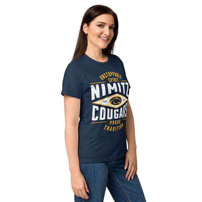Side view of Nimitz High School Cougars Women's Navy Blue SoftStyle T-shirt 210