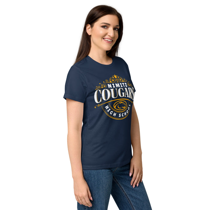 Side view of Nimitz High School Cougars Women's Navy Blue SoftStyle T-shirt 211