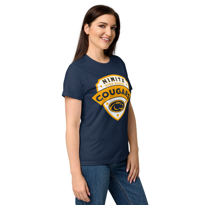 Side view of Nimitz High School Cougars Women's Navy Blue SoftStyle T-shirt 221