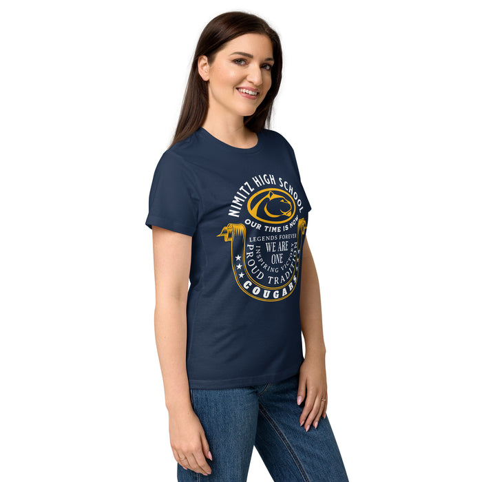 Side view of Nimitz High School Cougars Women's Navy Blue SoftStyle T-shirt 229