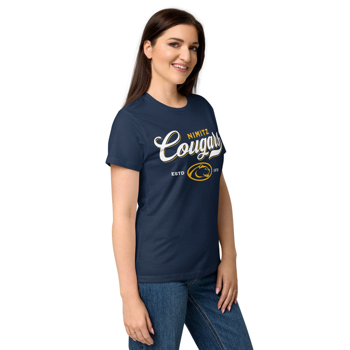 Side view of Nimitz High School Cougars Women's Navy Blue SoftStyle T-shirt 226