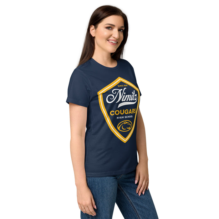 Side view of Nimitz High School Cougars Women's Navy Blue SoftStyle T-shirt 225