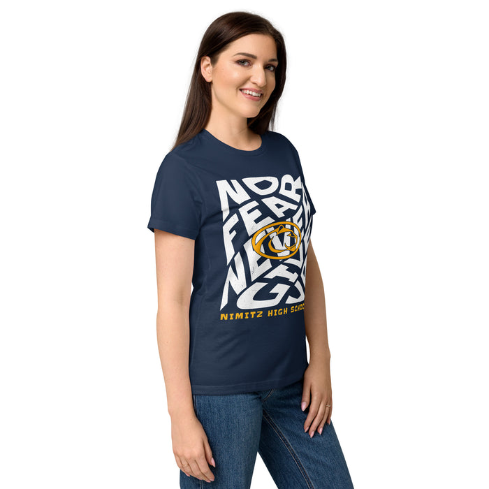 Side view of Nimitz High School Cougars Women's Navy Blue SoftStyle T-shirt 236