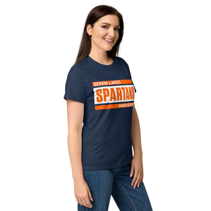 Side view of Seven Lakes High School Spartans Women's Navy Blue SoftStyle T-shirt 098