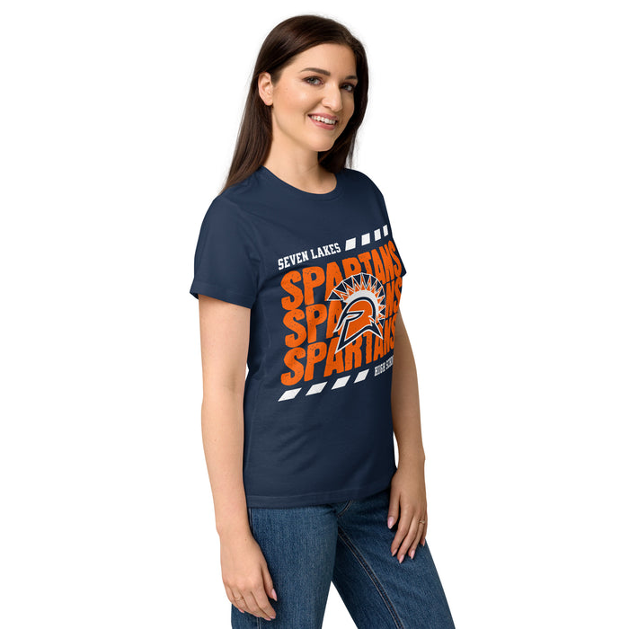 Side view of Seven Lakes High School Spartans Women's Navy Blue SoftStyle T-shirt 223
