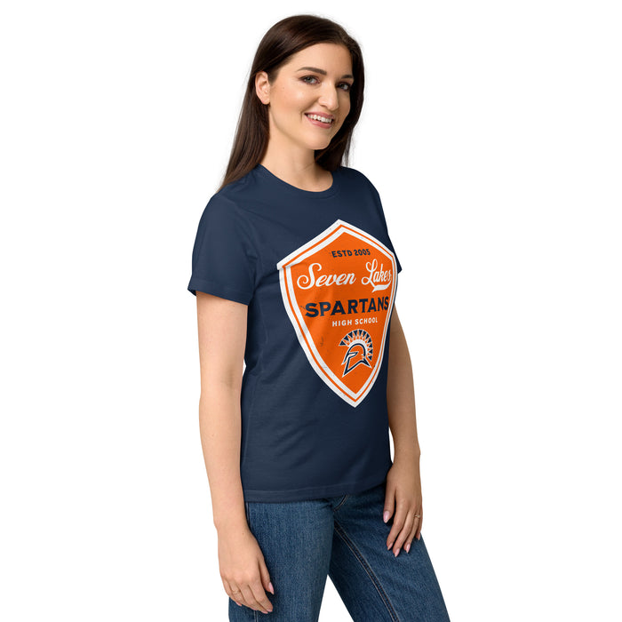Side view of Seven Lakes High School Spartans Women's Navy Blue SoftStyle T-shirt 225