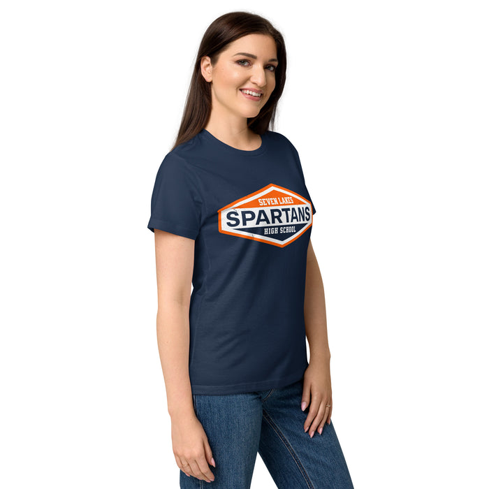 Side view of Seven Lakes High School Spartans Women's Navy Blue SoftStyle T-shirt 009