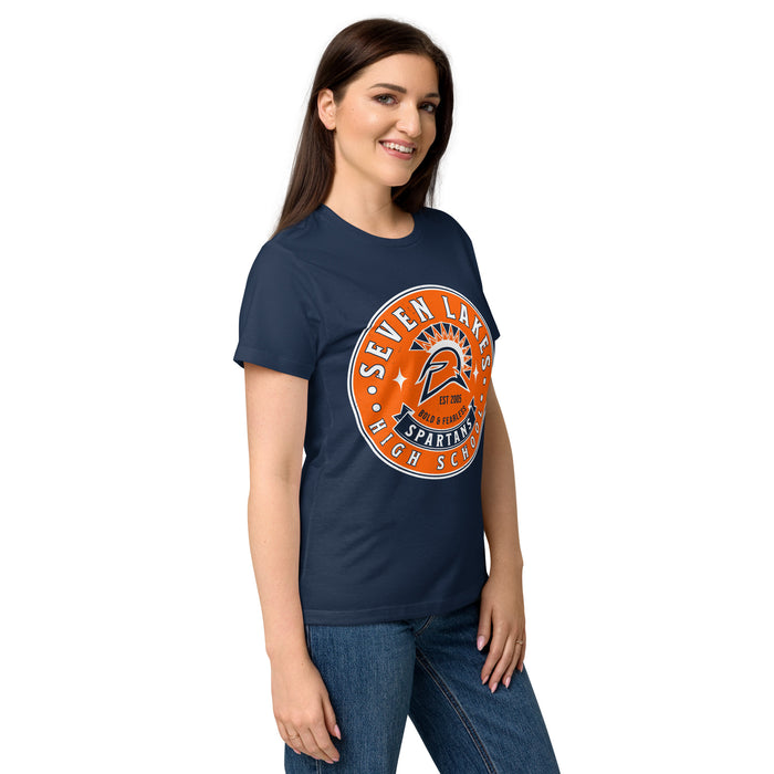 Side view of Seven Lakes High School Spartans Women's Navy Blue SoftStyle T-shirt 215