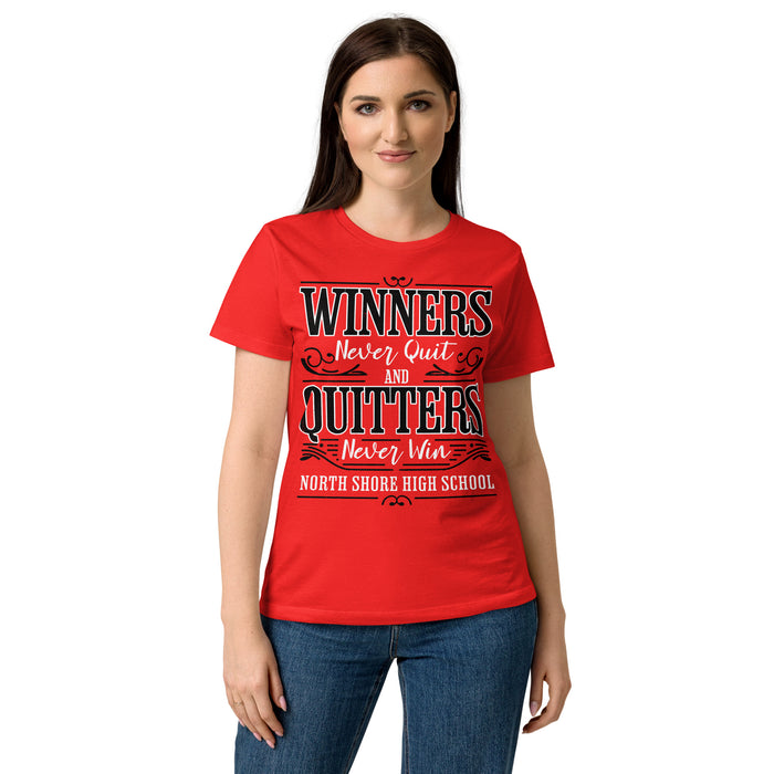 Lady wearing North Shore High School Mustangs Women's Red SoftStyle T-shirt 237