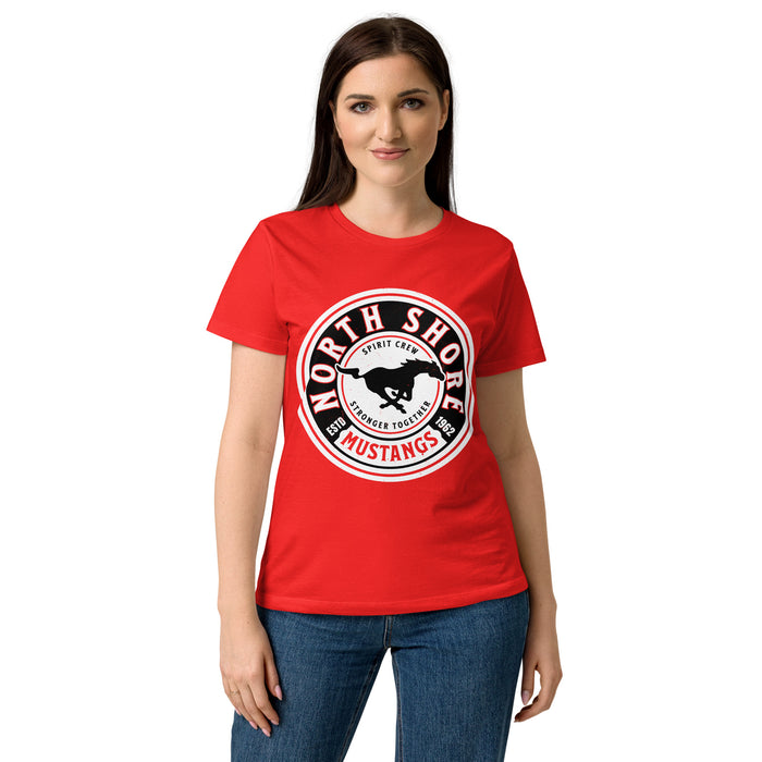 Lady wearing North Shore High School Mustangs Women's Red SoftStyle T-shirt 220
