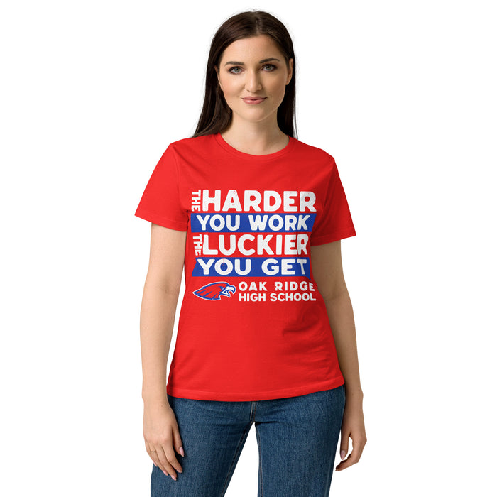 Young Lady wearing Oak Ridge High School War Eagles Women's Red SoftStyle T-shirt 238