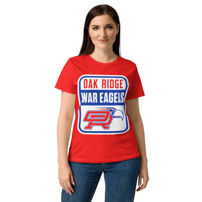 Young Lady wearing Oak Ridge High School War Eagles Women's Red SoftStyle T-shirt 001