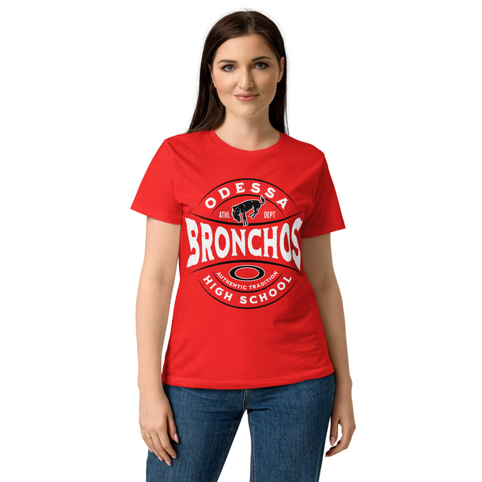 Woman wearing Odessa High School Bronchos Women's Red SoftStyle T-shirt 218