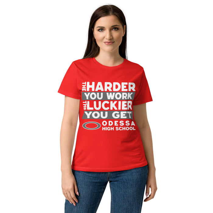 Woman wearing Odessa High School Bronchos Women's Red SoftStyle T-shirt 238