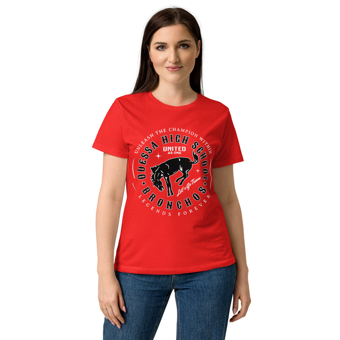Woman wearing Odessa High School Bronchos Women's Red SoftStyle T-shirt 214