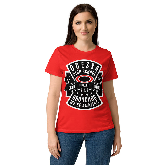 Woman wearing Odessa High School Bronchos Women's Red SoftStyle T-shirt 207